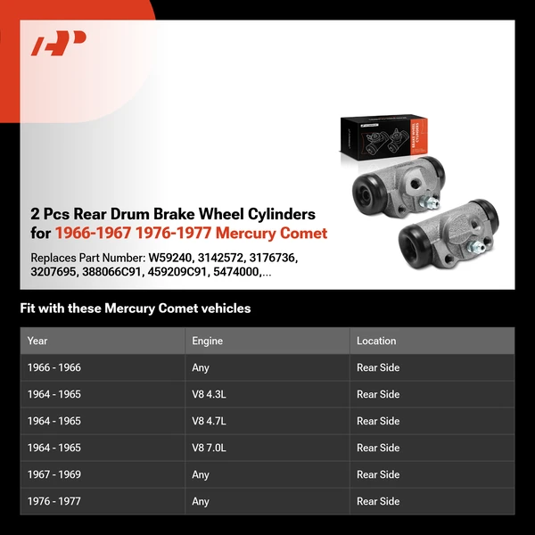 2 Pcs Rear Drum Brake Wheel Cylinders for 1966-1967 1976-1977 Mercury Comet