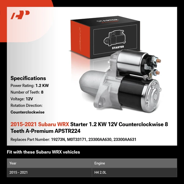 2015-2021 Subaru WRX Starter 1.2 KW 12V Counterclockwise 8 Teeth A-Premium APSTR224