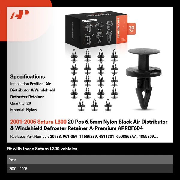 2001-2005 Saturn L300 20 Pcs 6.5mm Nylon Black Air Distributor & Windshield Defroster Retainer A-Premium APRCF604
