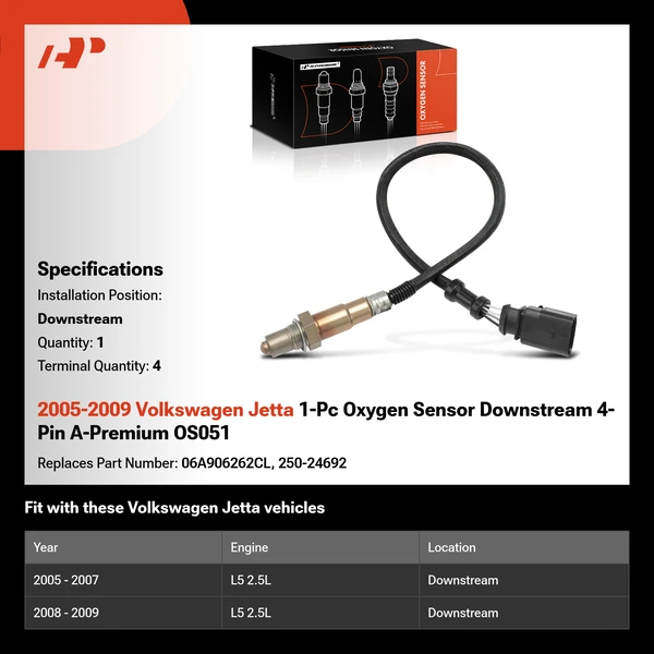 2005-2009 Volkswagen Jetta 1-Pc Oxygen Sensor Downstream 4-Pin A-Premium OS051