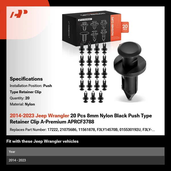 2014-2023 Jeep Wrangler 20 Pcs 8mm Nylon Black Push Type Retainer Clip A-Premium APRCF3788