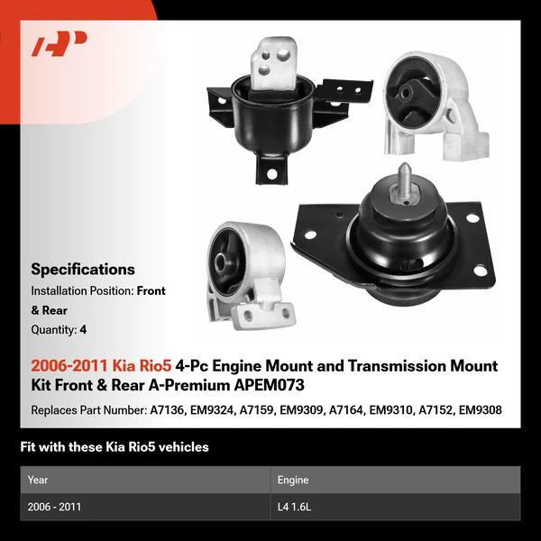 2006-2011 Kia Rio5 4-Pc Engine Mount and Transmission Mount Kit Front & Rear A-Premium APEM073