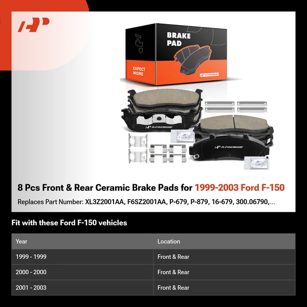 8 Pcs Front & Rear Ceramic Brake Pads for 1999-2003 Ford F-150