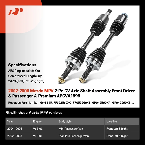 2002-2006 Mazda MPV 2-Pc CV Axle Shaft Assembly Front Driver & Passenger A-Premium APCVA1595