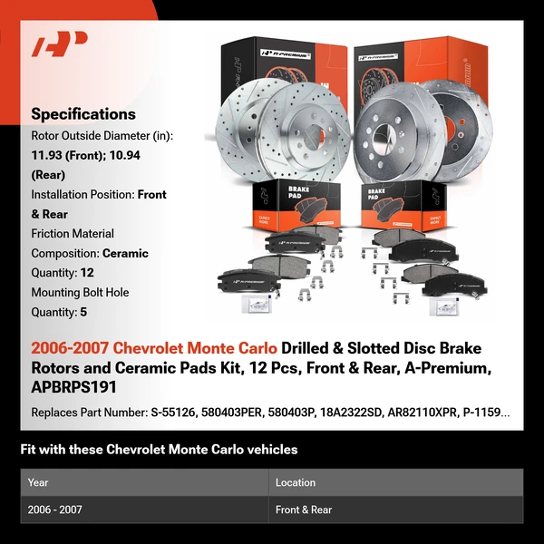 2006-2007 Chevrolet Monte Carlo Drilled & Slotted Disc Brake Rotors and Ceramic Pads Kit, 12 Pcs, Front & Rear, A-Premium, APBRPS191