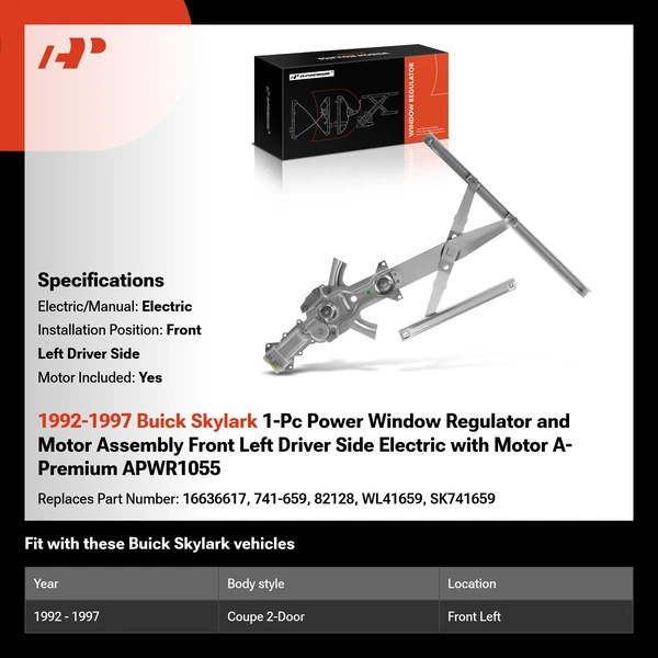 1992-1997 Buick Skylark 1-Pc Power Window Regulator and Motor Assembly Front Left Driver Side Electric with Motor A-Premium APWR1055