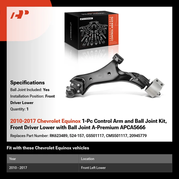 2010-2017 Chevrolet Equinox 1-Pc Control Arm and Ball Joint Kit, Front Driver Lower with Ball Joint A-Premium APCA5666