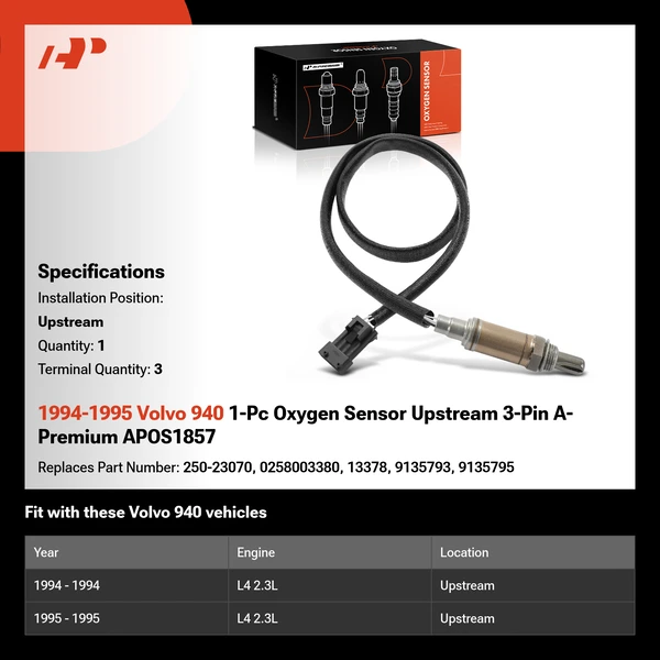 1994-1995 Volvo 940 1-Pc Oxygen Sensor Upstream 3-Pin A-Premium APOS1857