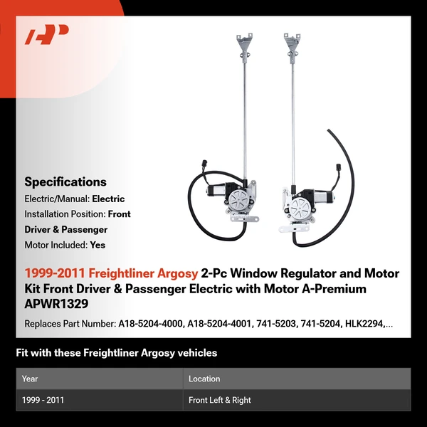 1999-2011 Freightliner Argosy 2-Pc Window Regulator and Motor Kit Front Driver & Passenger Electric with Motor A-Premium APWR1329