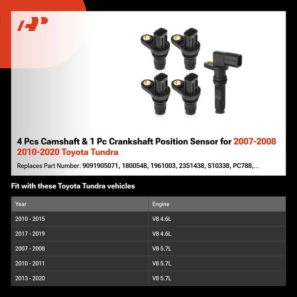 4 Pcs Camshaft & 1 Pc Crankshaft Position Sensor for 2007-2008 2010-2020 Toyota Tundra