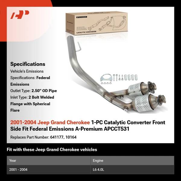 2001-2004 Jeep Grand Cherokee 1-PC Catalytic Converter Front Side Fit Federal Emissions A-Premium APCCT531