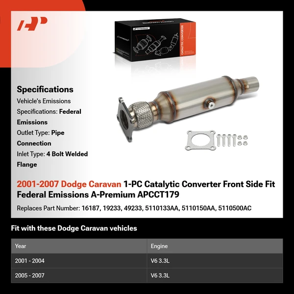2001-2007 Dodge Caravan 1-PC Catalytic Converter Front Side Fit Federal Emissions A-Premium APCCT179