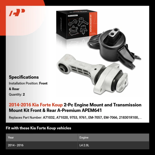 2014-2016 Kia Forte Koup 2-Pc Engine Mount and Transmission Mount Kit Front & Rear A-Premium APEM641