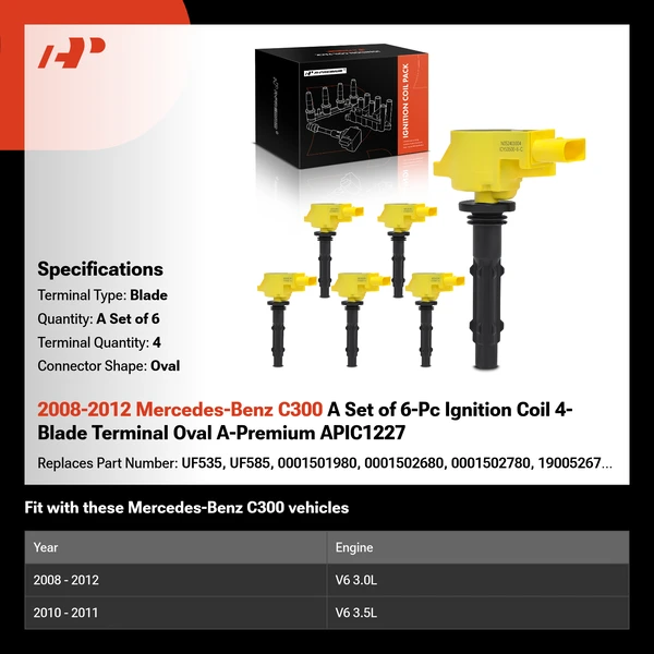 2008-2012 Mercedes-Benz C300 A Set of 6-Pc Ignition Coil 4-Blade Terminal Oval A-Premium APIC1227