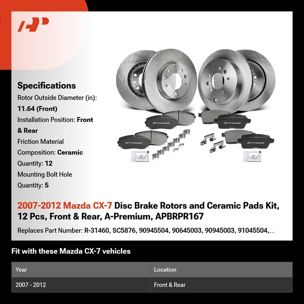 2007-2012 Mazda CX-7 Disc Brake Rotors and Ceramic Pads Kit, 12 Pcs, Front & Rear, A-Premium, APBRPR167