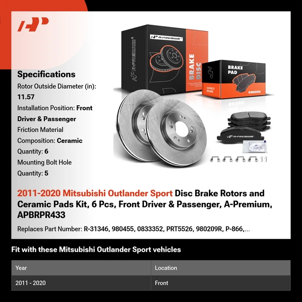 2011-2020 Mitsubishi Outlander Sport Disc Brake Rotors and Ceramic Pads Kit, 6 Pcs, Front Driver & Passenger, A-Premium, APBRPR433