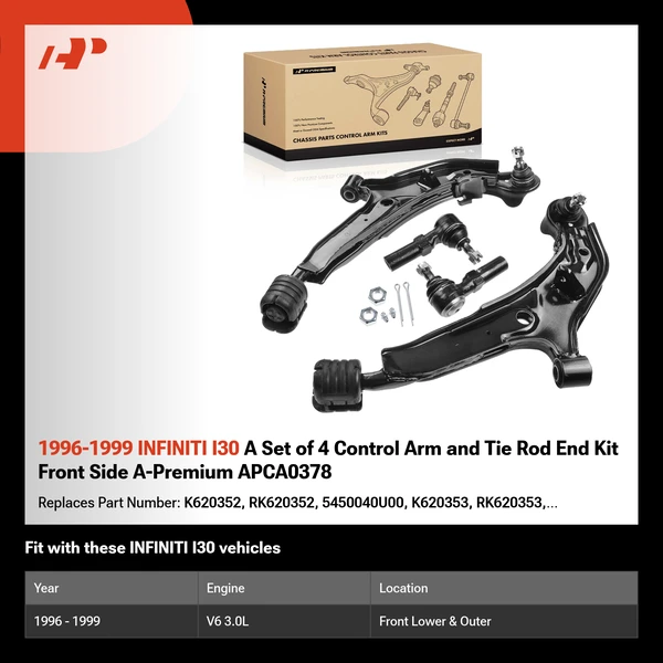 1996-1999 INFINITI I30 A Set of 4 Control Arm and Tie Rod End Kit Front Side A-Premium APCA0378