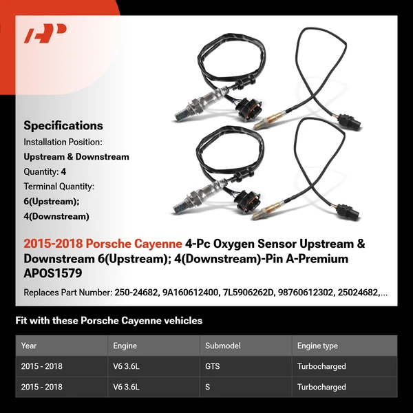 2015-2018 Porsche Cayenne 4-Pc Oxygen Sensor Upstream & Downstream 6(Upstream); 4(Downstream)-Pin A-Premium APOS1579
