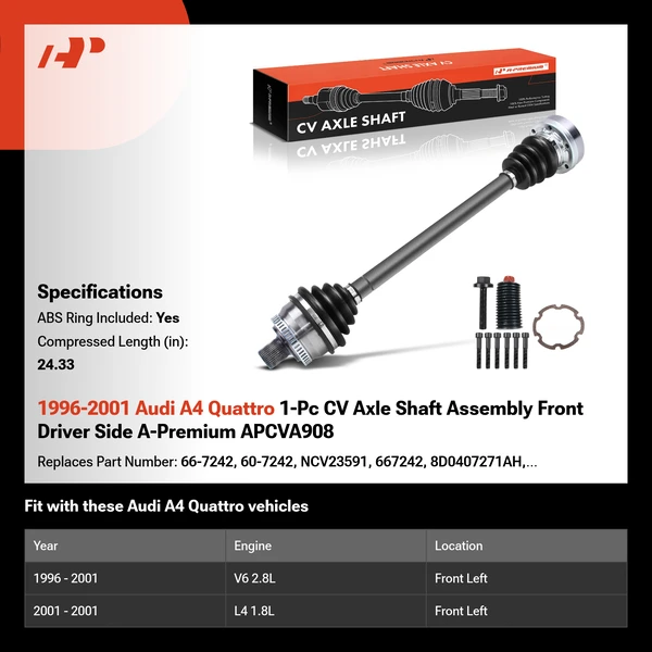 1996-2001 Audi A4 Quattro 1-Pc CV Axle Shaft Assembly Front Driver Side A-Premium APCVA908