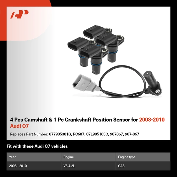 4 Pcs Camshaft & 1 Pc Crankshaft Position Sensor for 2008-2010 Audi Q7