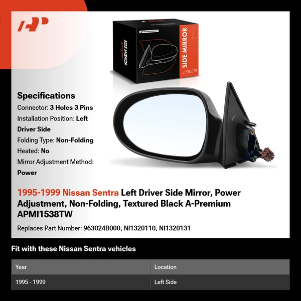 1995-1999 Nissan Sentra Left Driver Side Mirror, Power Adjustment, Non-Folding, Textured Black A-Premium APMI1538TW