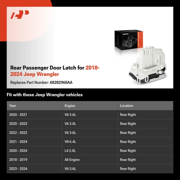 Rear Passenger Door Latch for 2018-2024 Jeep Wrangler