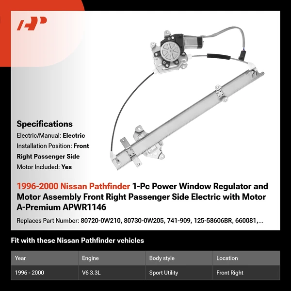 1996-2000 Nissan Pathfinder 1-Pc Power Window Regulator and Motor Assembly Front Right Passenger Side Electric with Motor A-Premium APWR1146