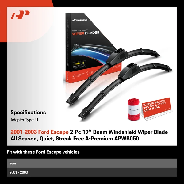 2001-2003 Ford Escape 2-Pc 19″ Beam Windshield Wiper Blade All Season, Quiet, Streak Free A-Premium APWB050