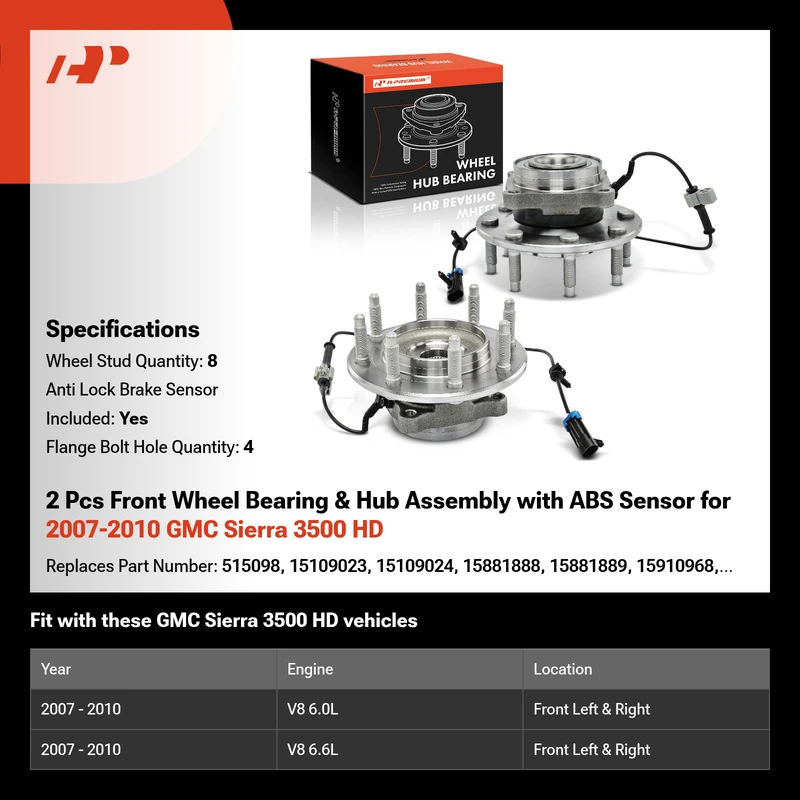 2 Pcs Front Wheel Bearing & Hub Assembly with ABS Sensor for 2007-2010 GMC Sierra 3500 HD