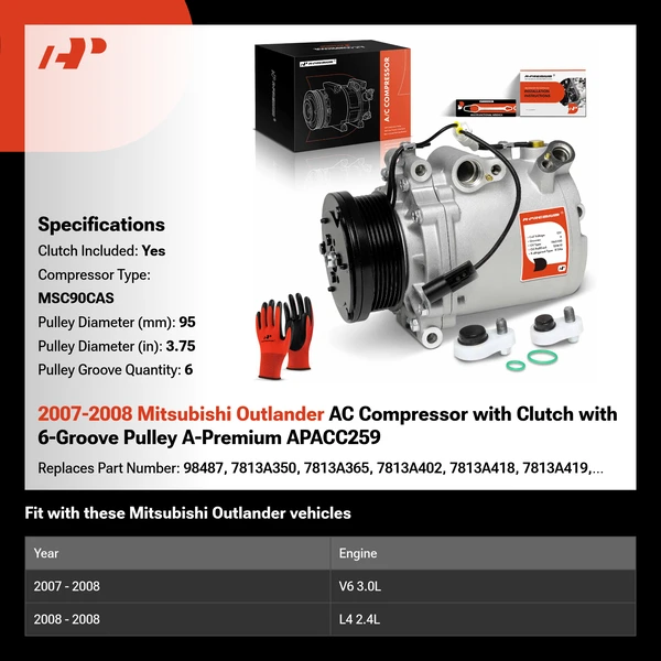 2007-2008 Mitsubishi Outlander AC Compressor with Clutch with 6-Groove Pulley A-Premium APACC259