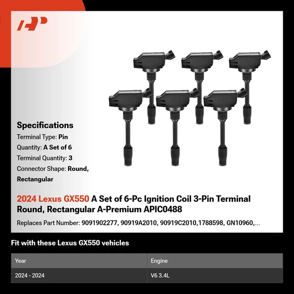 2024 Lexus GX550 A Set of 6-Pc Ignition Coil 3-Pin Terminal Round, Rectangular A-Premium APIC0488