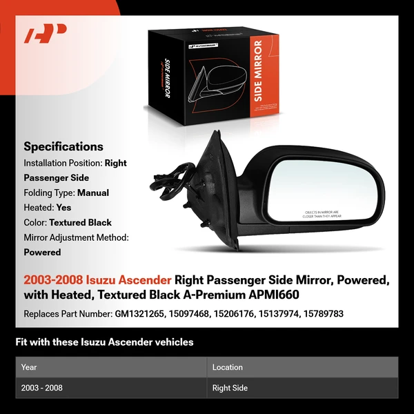 2003-2008 Isuzu Ascender Right Passenger Side Mirror, Powered, with Heated, Textured Black A-Premium APMI660