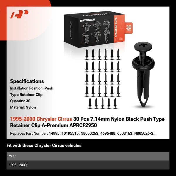 1995-2000 Chrysler Cirrus 30 Pcs 7.14mm Nylon Black Push Type Retainer Clip A-Premium APRCF2950