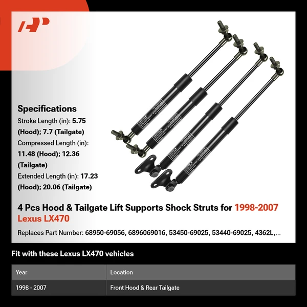 4 Pcs Hood & Tailgate Lift Supports Shock Struts for 1998-2007 Lexus LX470