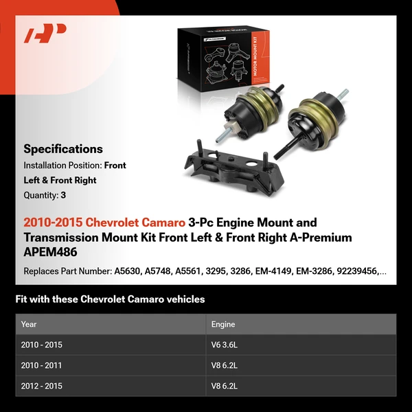 2010-2015 Chevrolet Camaro 3-Pc Engine Mount and Transmission Mount Kit Front Left & Front Right A-Premium APEM486