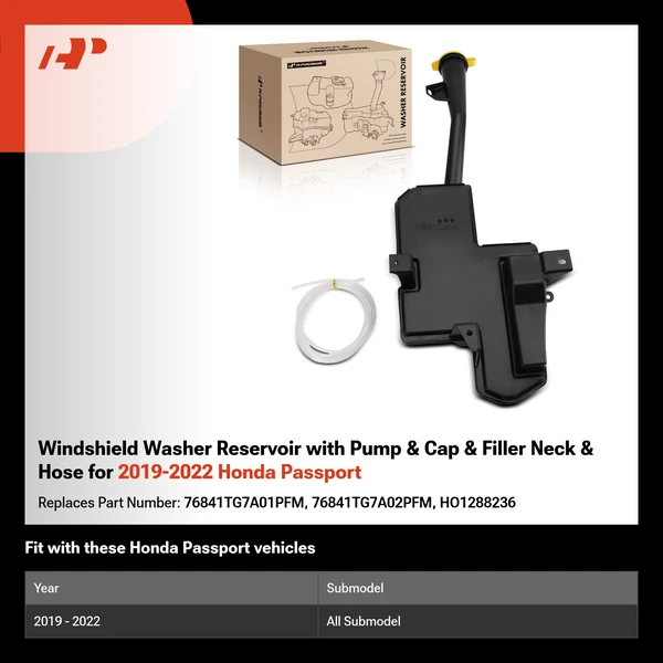 Windshield Washer Reservoir with Pump & Cap & Filler Neck & Hose for 2019-2022 Honda Passport