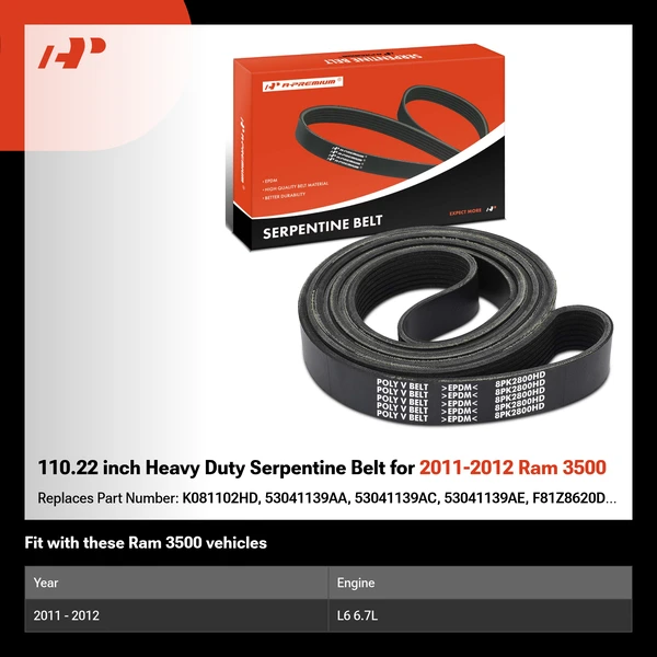 110.22 inch Heavy Duty Serpentine Belt for 2011-2012 Ram 3500