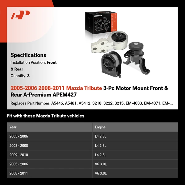 2005-2006 2008-2011 Mazda Tribute 3-Pc Motor Mount Front & Rear A-Premium APEM427