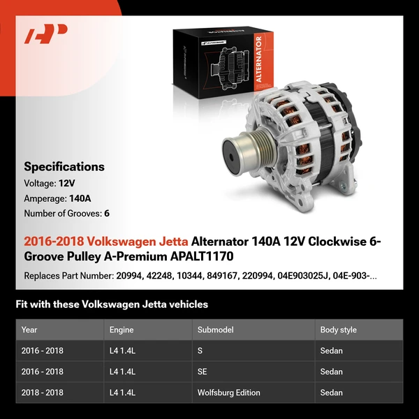 2016-2018 Volkswagen Jetta Alternator 140A 12V Clockwise 6-Groove Pulley A-Premium APALT1170