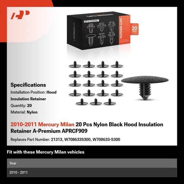 2010-2011 Mercury Milan 20 Pcs Nylon Black Hood Insulation Retainer A-Premium APRCF909