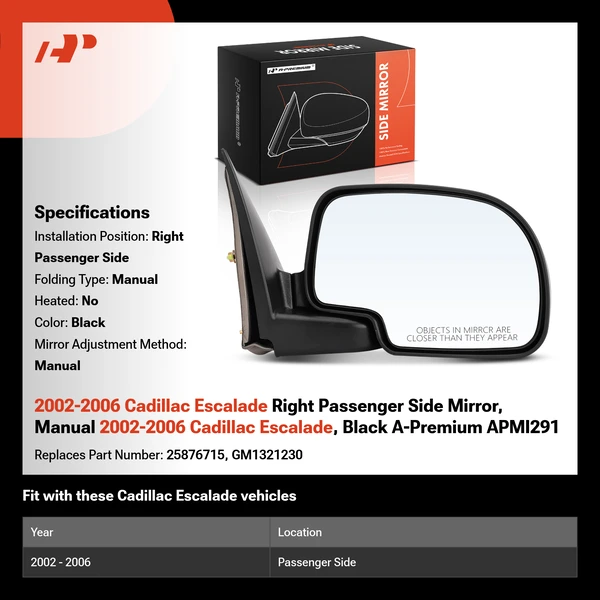 2002-2006 Cadillac Escalade Right Passenger Side Mirror, Manual 2002-2006 Cadillac Escalade, Black A-Premium APMI291