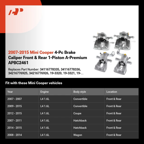 2007-2015 Mini Cooper 4-Pc Brake Caliper Front & Rear 1-Piston A-Premium APBC2461
