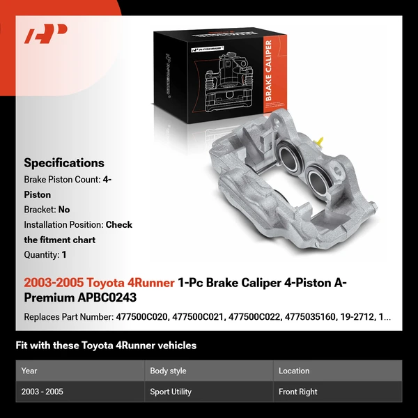 2003-2005 Toyota 4Runner 1-Pc Brake Caliper 4-Piston A-Premium APBC0243