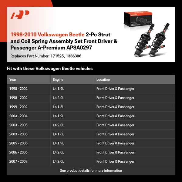 1998-2010 Volkswagen Beetle 2-Pc Strut and Coil Spring Assembly Set Front Driver & Passenger A-Premium APSA0297