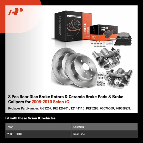 8 Pcs Rear Disc Brake Rotors & Ceramic Brake Pads & Brake Calipers for 2005-2010 Scion tC