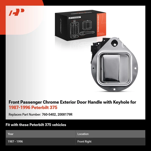 Front Passenger Chrome Exterior Door Handle with Keyhole for 1987-1996 Peterbilt 375