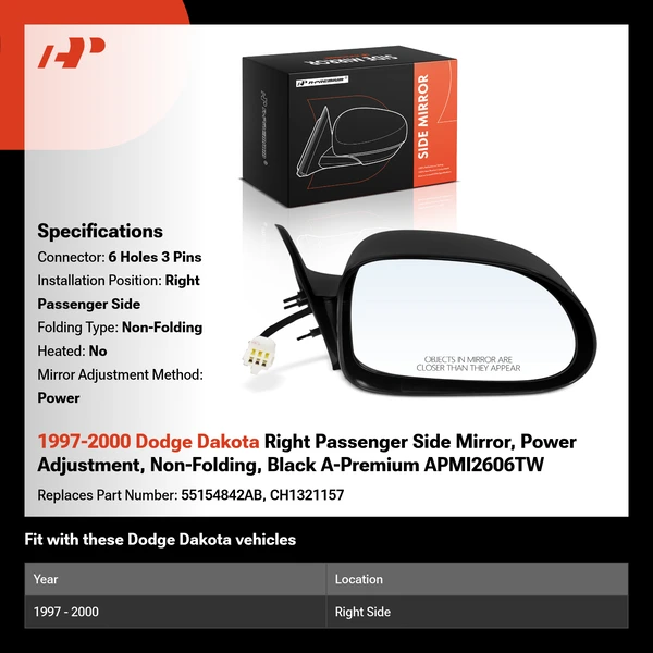 1997-2000 Dodge Dakota Right Passenger Side Mirror, Power Adjustment, Non-Folding, Black A-Premium APMI2606TW