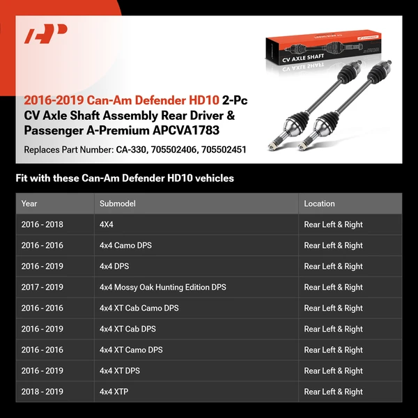2016-2019 Can-Am Defender HD10 2-Pc CV Axle Shaft Assembly Rear Driver & Passenger A-Premium APCVA1783