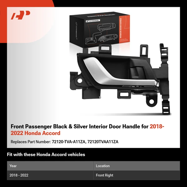 Front Passenger Black & Silver Interior Door Handle for 2018-2022 Honda Accord