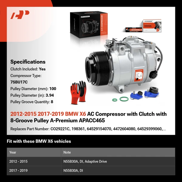2012-2015 2017-2019 BMW X6 AC Compressor with Clutch with 8-Groove Pulley A-Premium APACC465
